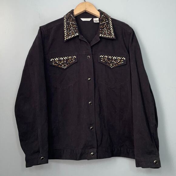 Laura Ashley Womens Size Large Black Embellished Denim Jacket Mobwife Glam Biker - Picture 1 of 10